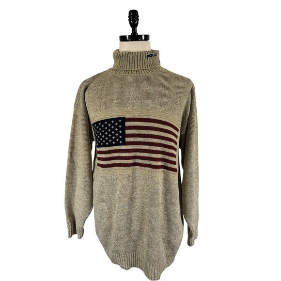 VTG Polo Jeans Ralph Lauren Iconic Flag Sweater Beige Turtleneck Americana L - Picture 2 of 3